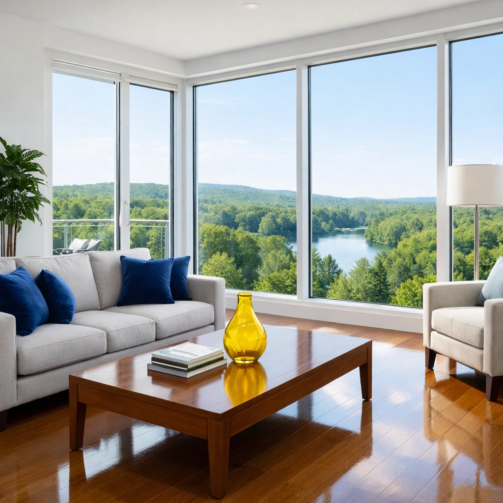 A tidy, sun-drenched modern apartment living room in MetroWest with polished floors and minimalist decor.