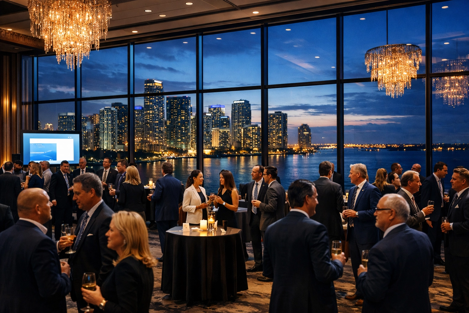 Corporate event photographer Miami capturing a professional conference in a luxury Brickell ballroom at twilight.
