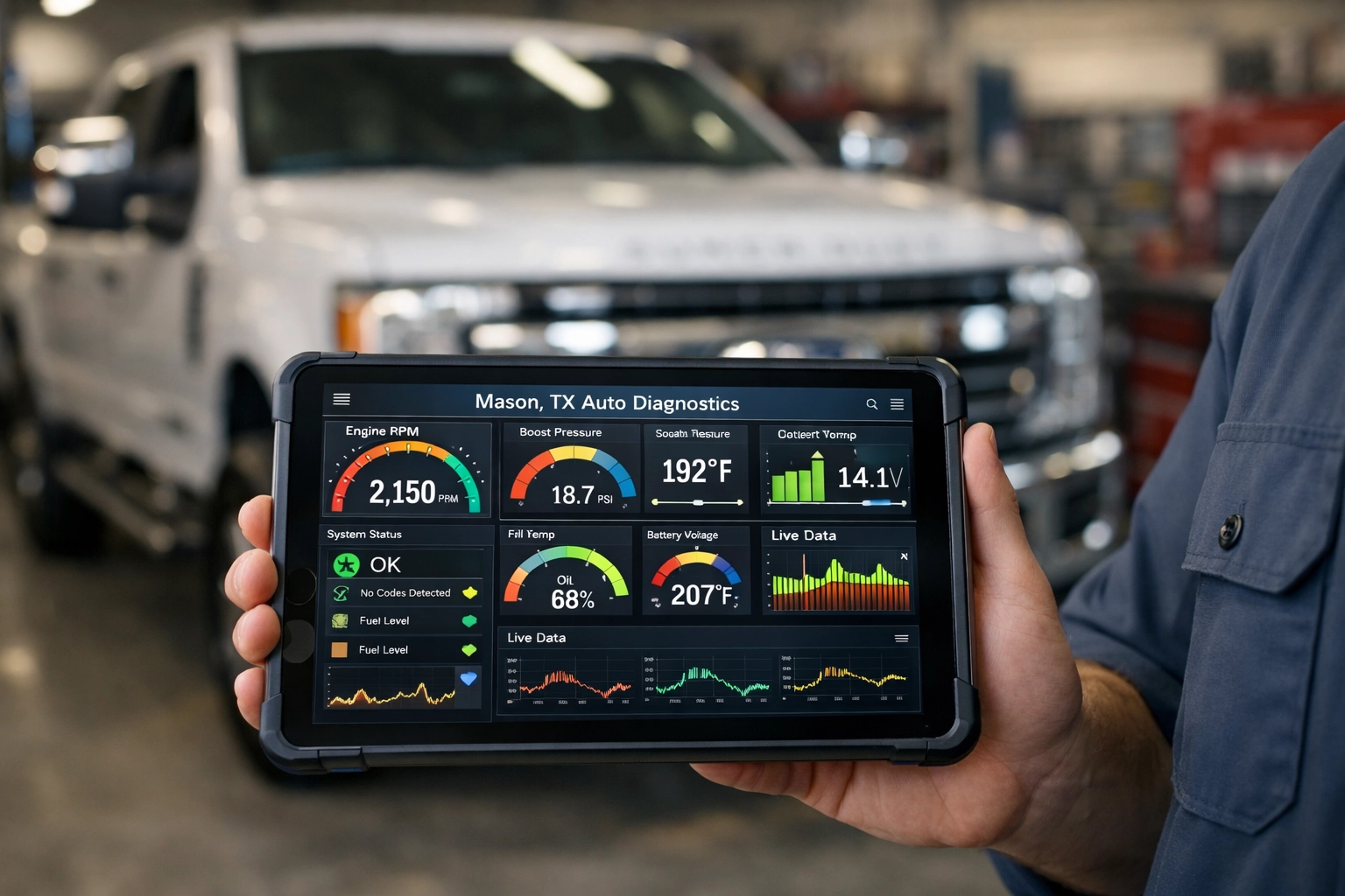 Technician performing diesel engine diagnostics on a Ford truck at an auto repair shop in Mason, TX.