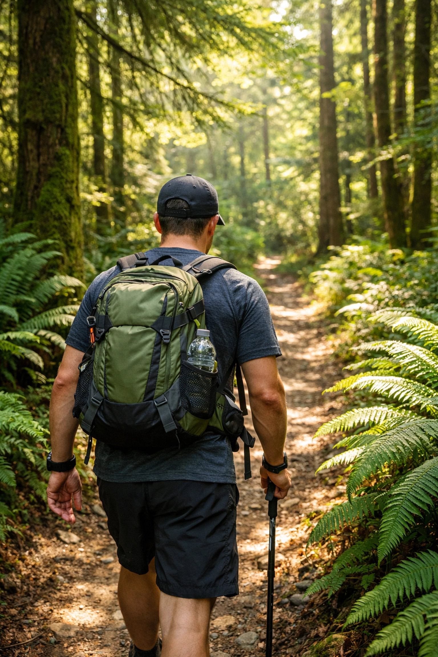 Hiker with a backpack training in the woods for upcoming guided hiking tours in the UK.