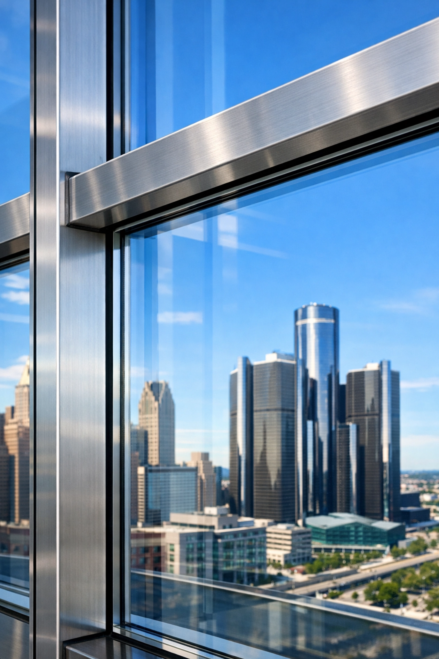 Pristine glass facade of a Detroit commercial building following high-reach window detailing.