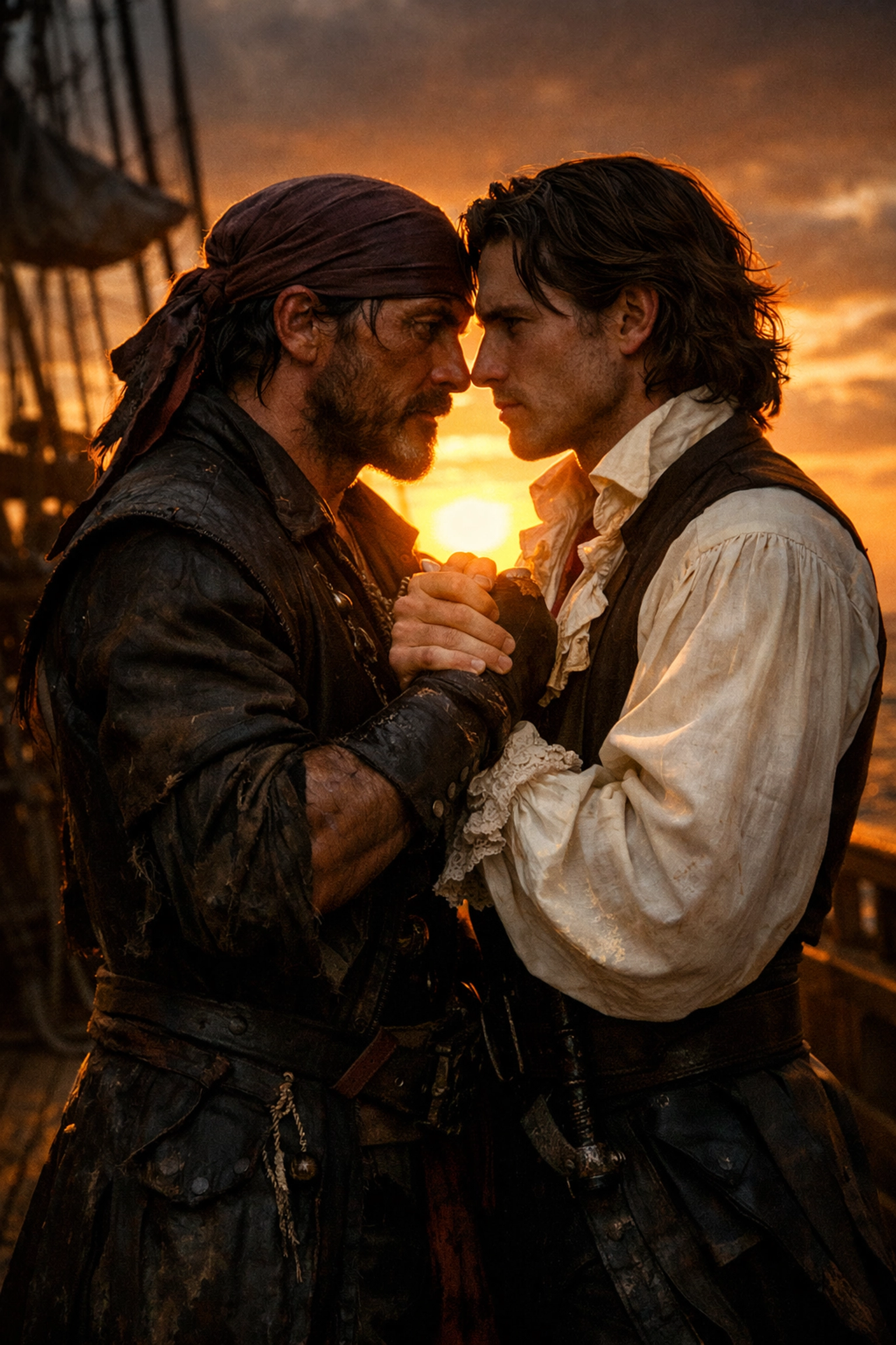 A pirate and a nobleman share a tense moment on a ship deck, depicting a high-stakes enemies-to-lovers MM romance.
