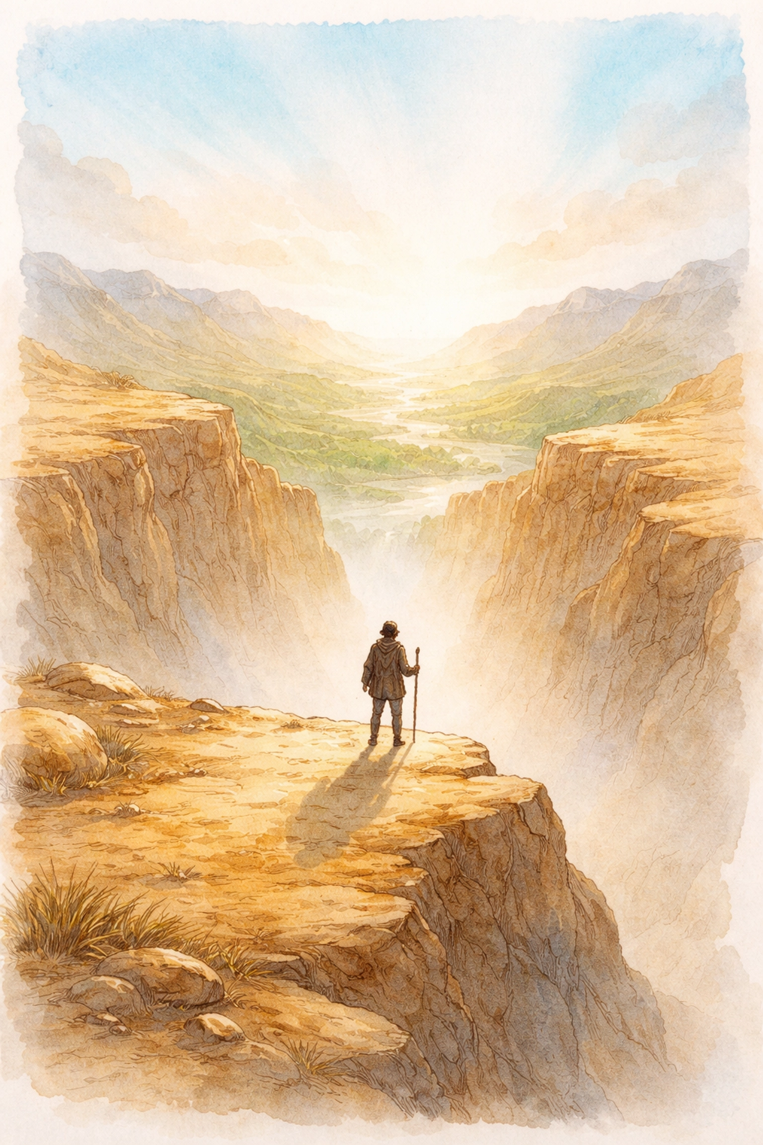 Watercolor illustration of a person overlooking a desert canyon toward the promised land, symbolizing faith overcoming fear