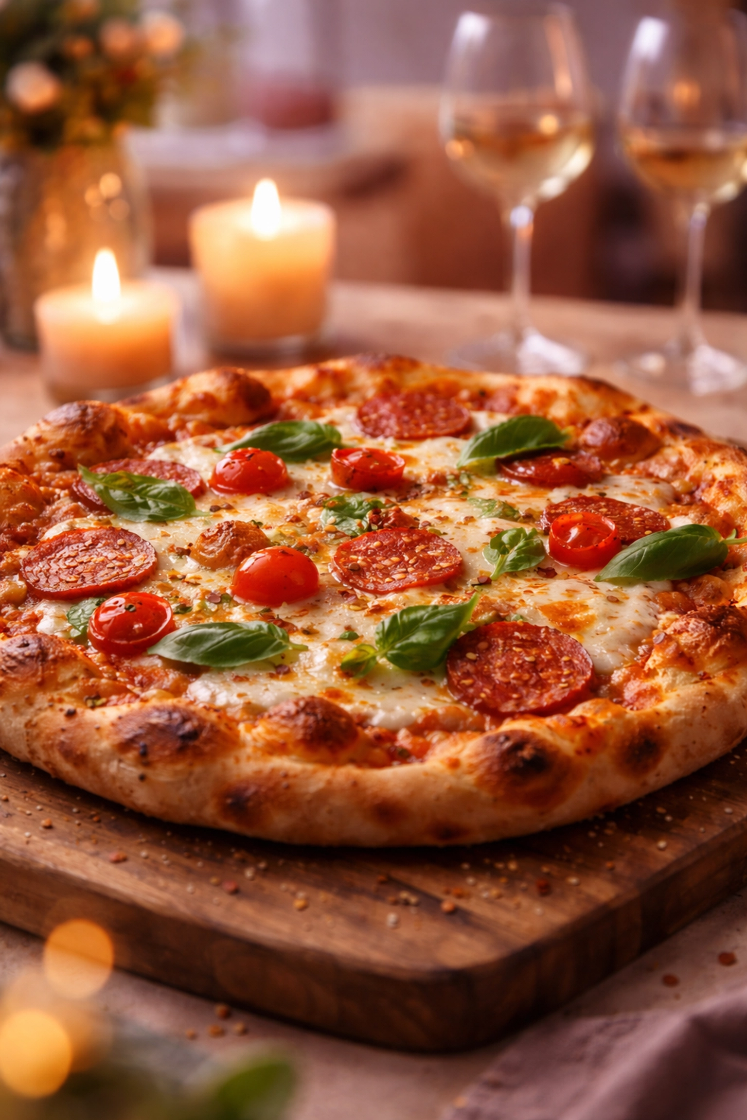 Close-up of a wood-fired pizza with melted cheese and colorful toppings, perfect for pizza night at a Felixstowe cafe.