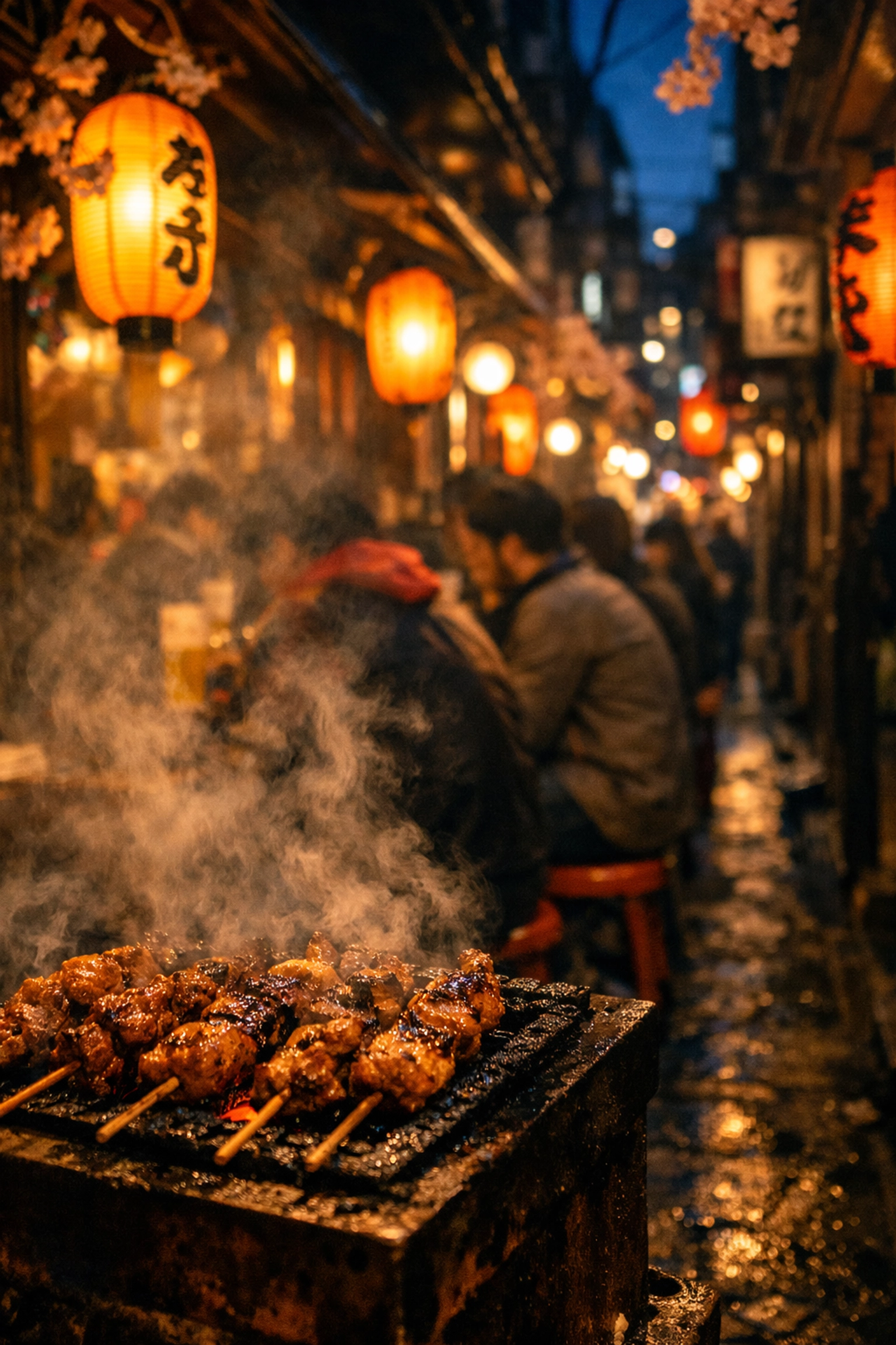 Omoide Yokocho in Shinjuku at night with lantern-lit yakitori stalls and rising grill steam