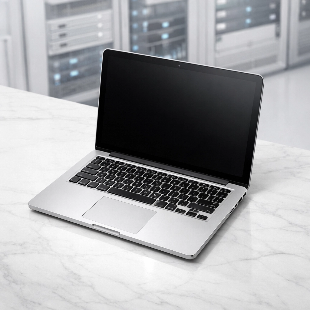 Modern laptop on a marble desk representing secure hardware refreshes for Detroit managed IT services.