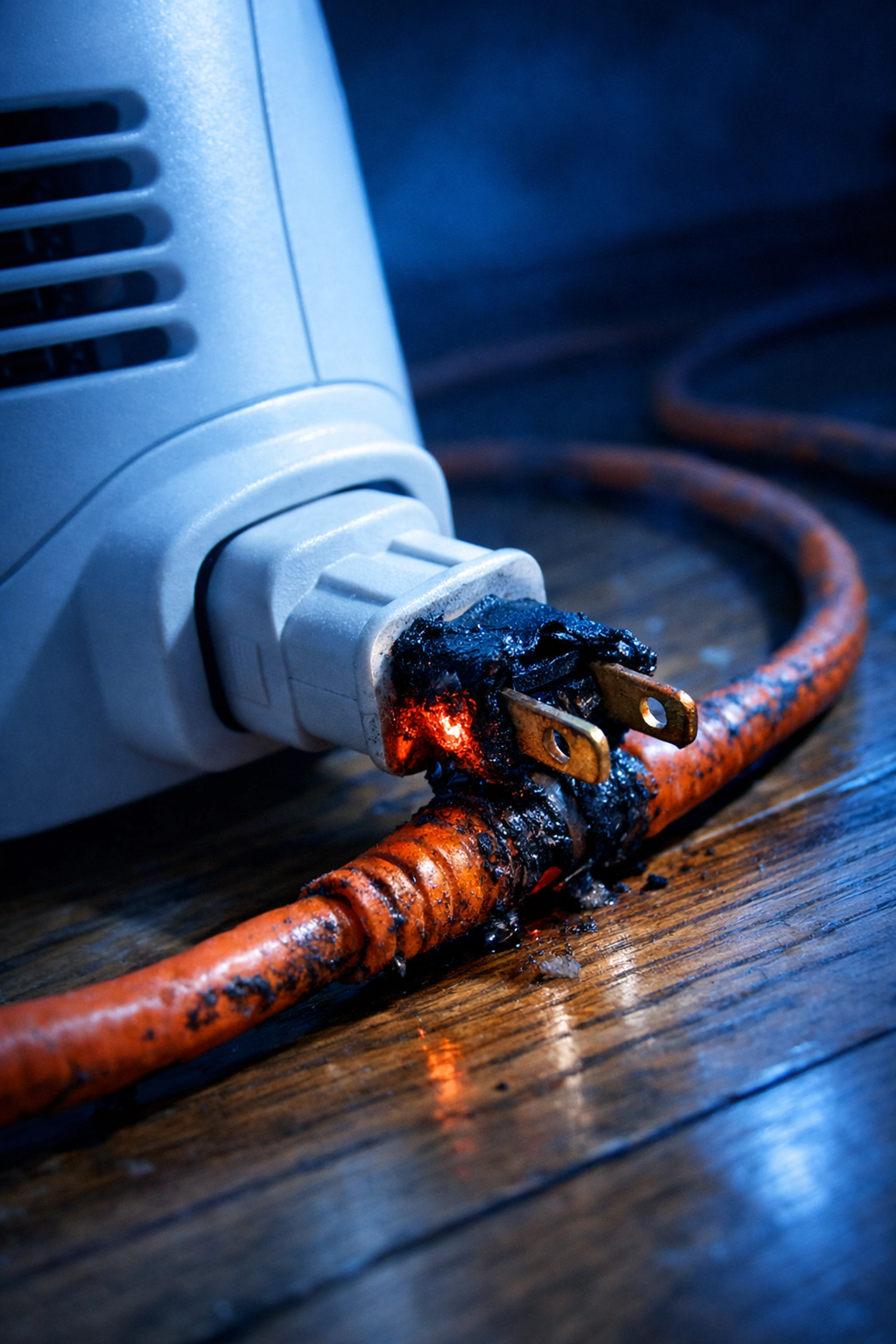 Dangerous overloaded extension cord melted from space heater causing fire hazard