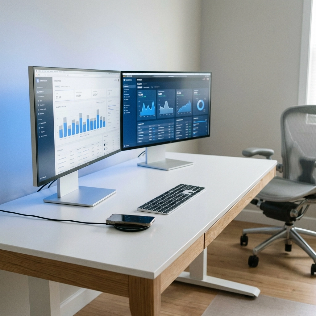 Modern workspace with dual monitors and analytics dashboards highlighting technology integration in tax firm operations