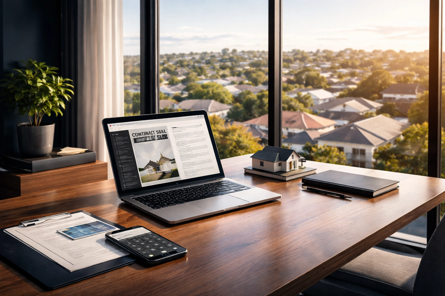 Modern conveyancer office in Brisbane with property documents and city views, showcasing professional conveyancing services