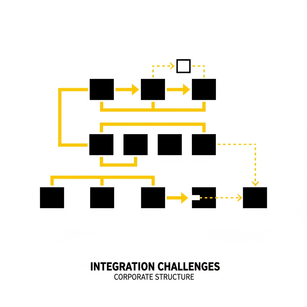 Flowchart with black and yellow boxes, depicting integration challenges in corporate structure. Arrows indicate connections. Text below reads "Integration Challenges Corporate Structure".