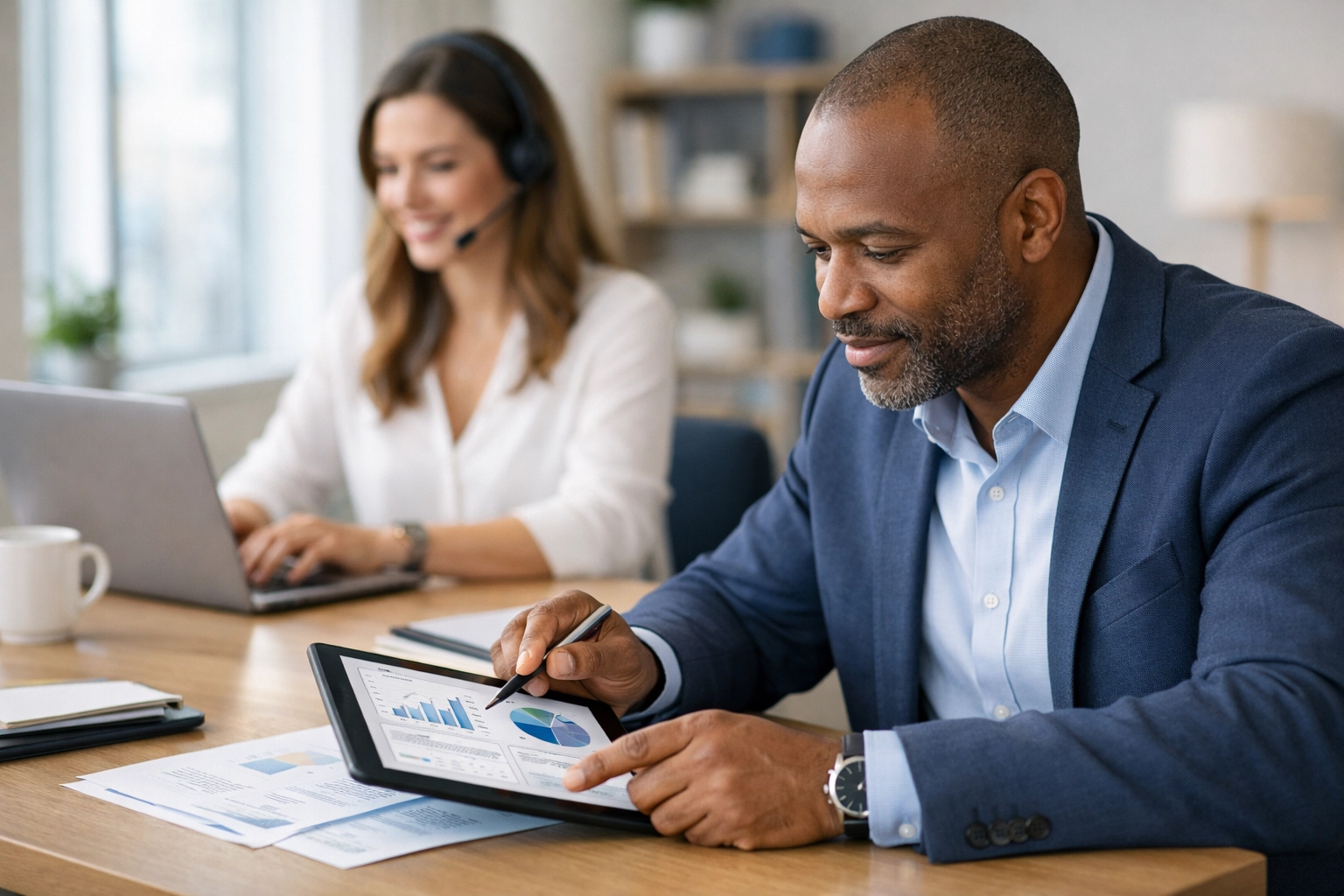 Financial advisor collaborating with virtual assistant in modern office