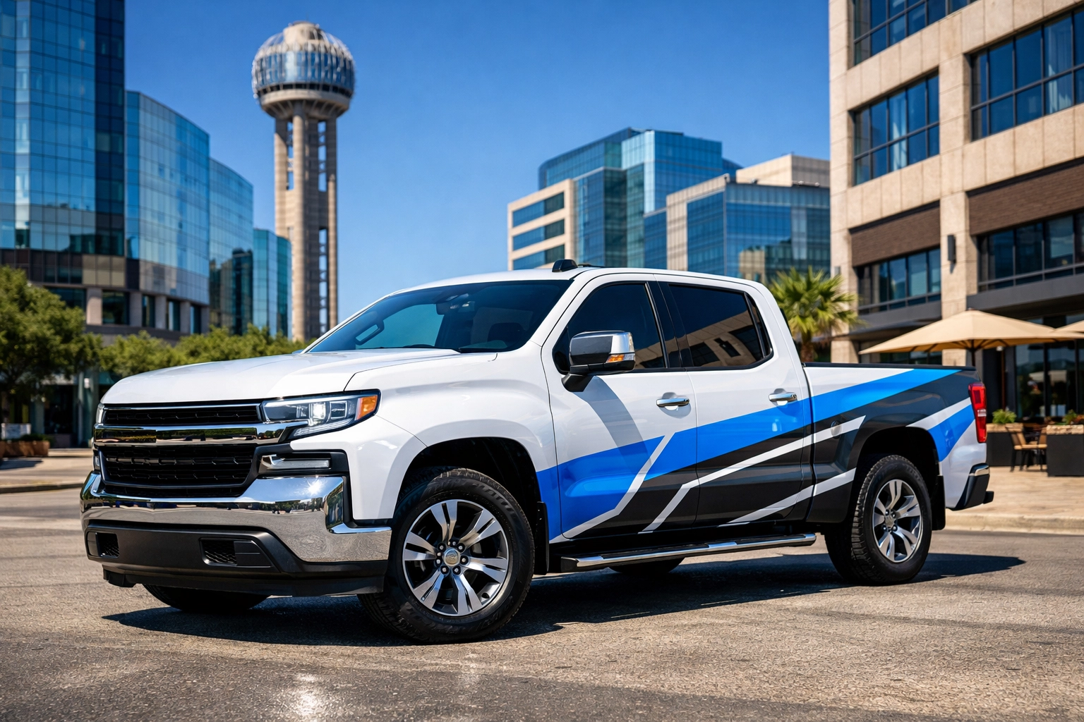 A white service truck with a professional partial vinyl wrap decal for mobile advertising in Dallas.
