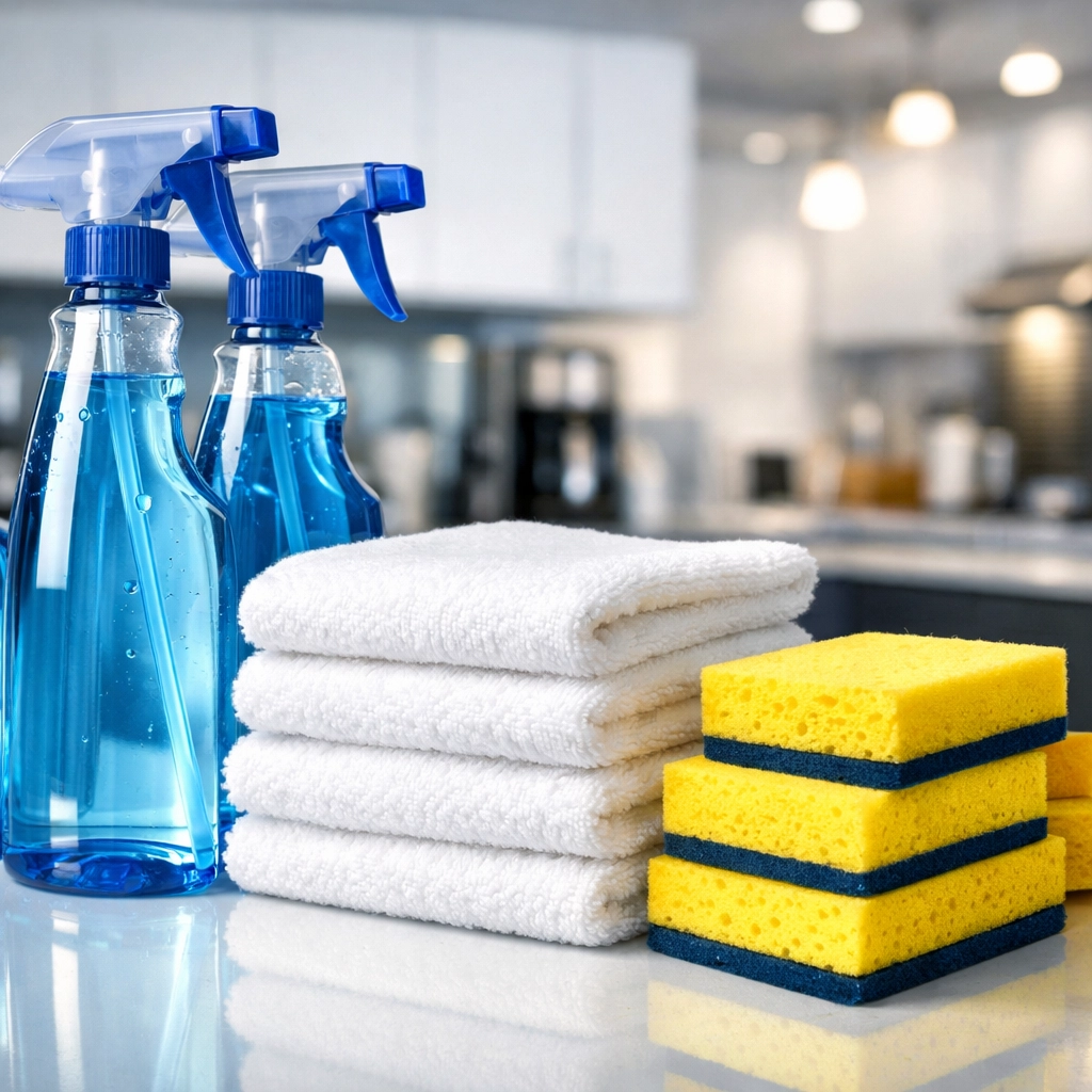Professional commercial cleaning supplies in Milford including sanitizing sprays and microfiber cloths.