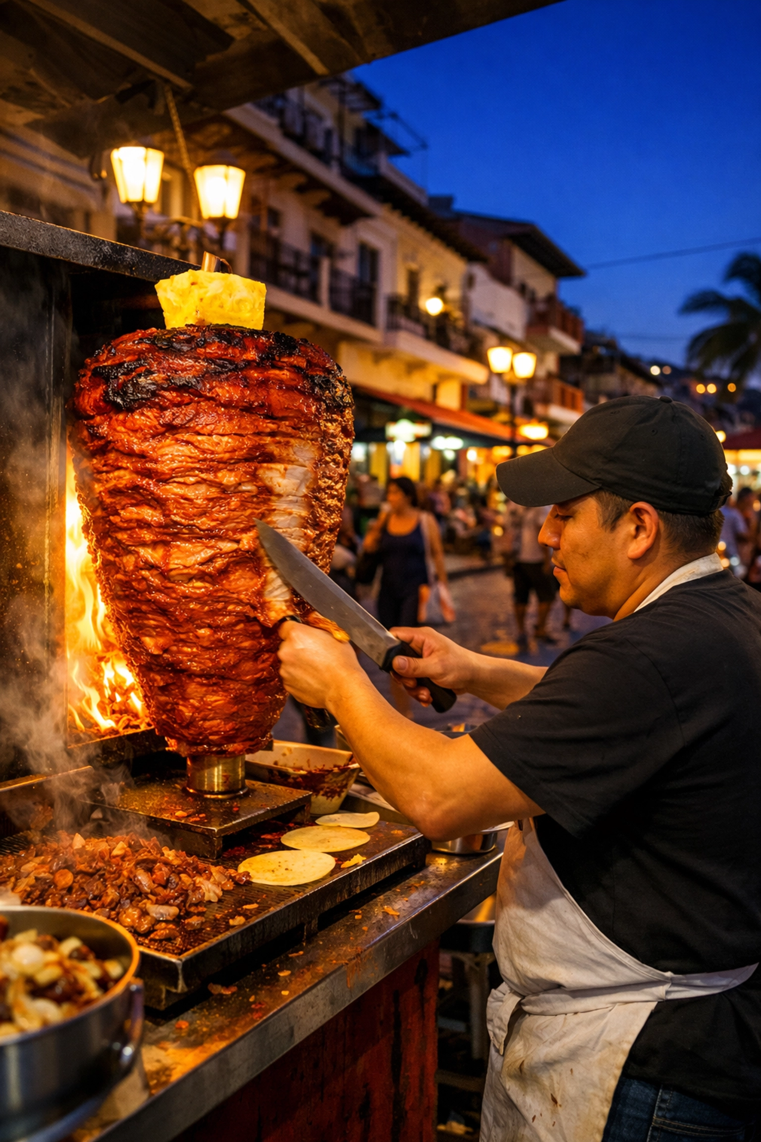 A taquero preparing al pastor tacos at a local taco stand in Zona Romantica Puerto Vallarta at twilight.