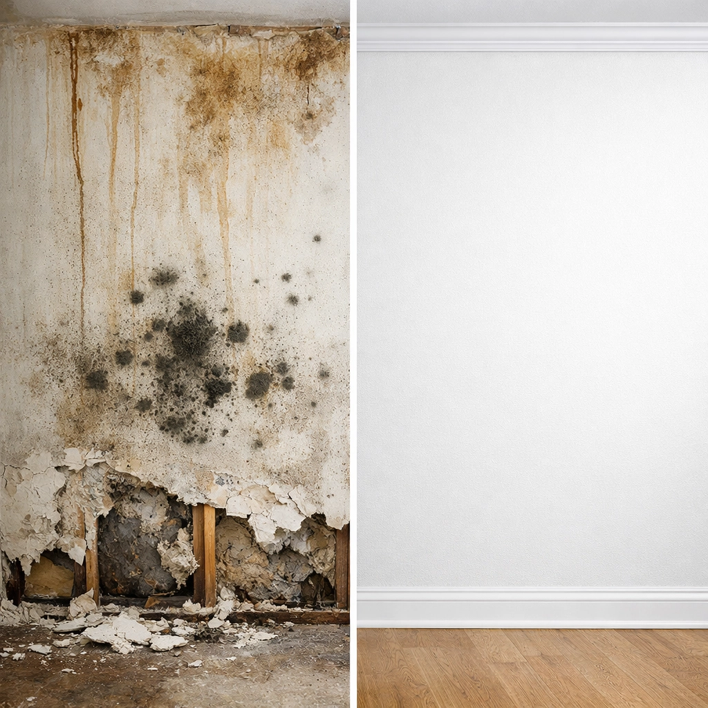 Before and after water damage repair showing restored drywall and fresh paint