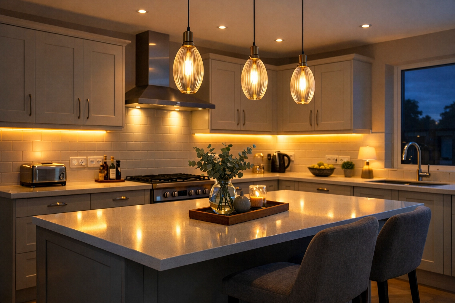 Energy-efficient LED lighting and UK power sockets in a modern kitchen, installed by electricians Poole.