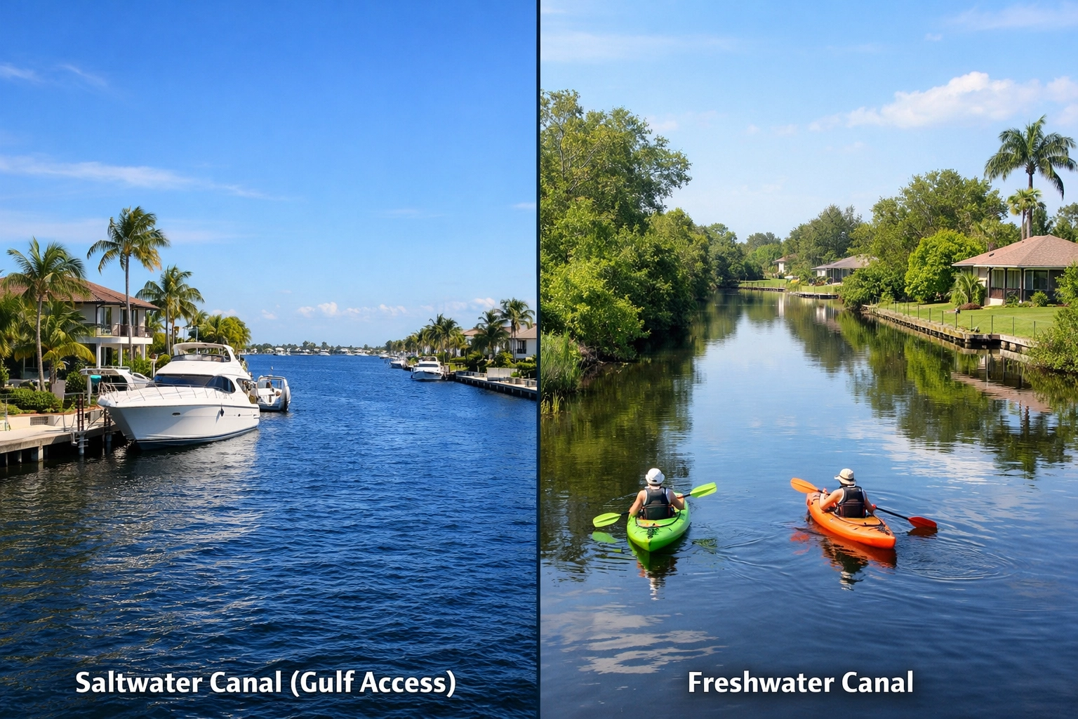 Comparison of Gulf access and freshwater canals in Cape Coral waterfront properties