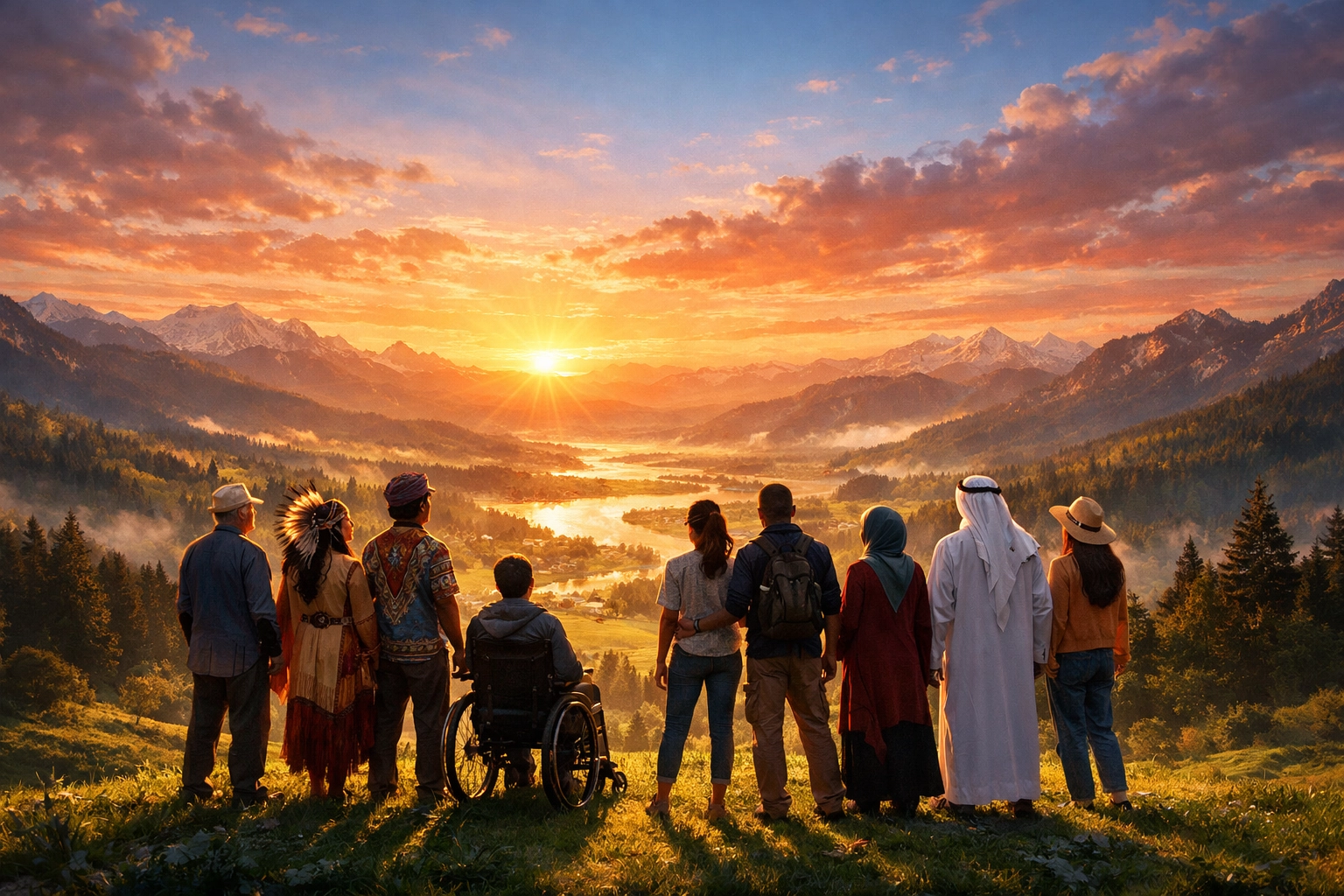 Diverse community on a hilltop at sunrise, growing in faith together with Boundless Online Church.