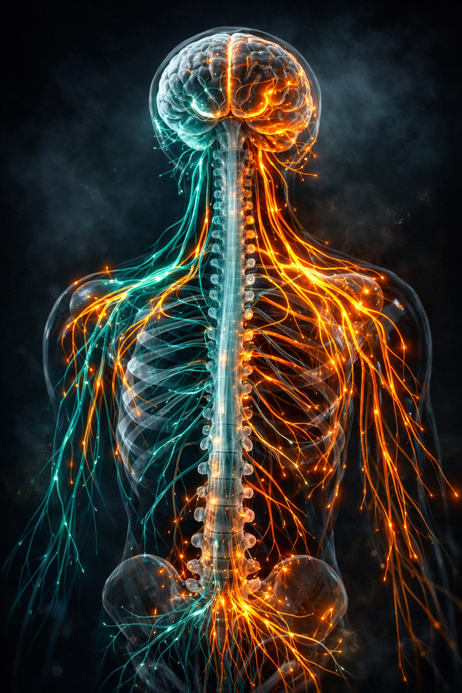 Visualization of the human nervous system showing parasympathetic rest and sympathetic alert states.