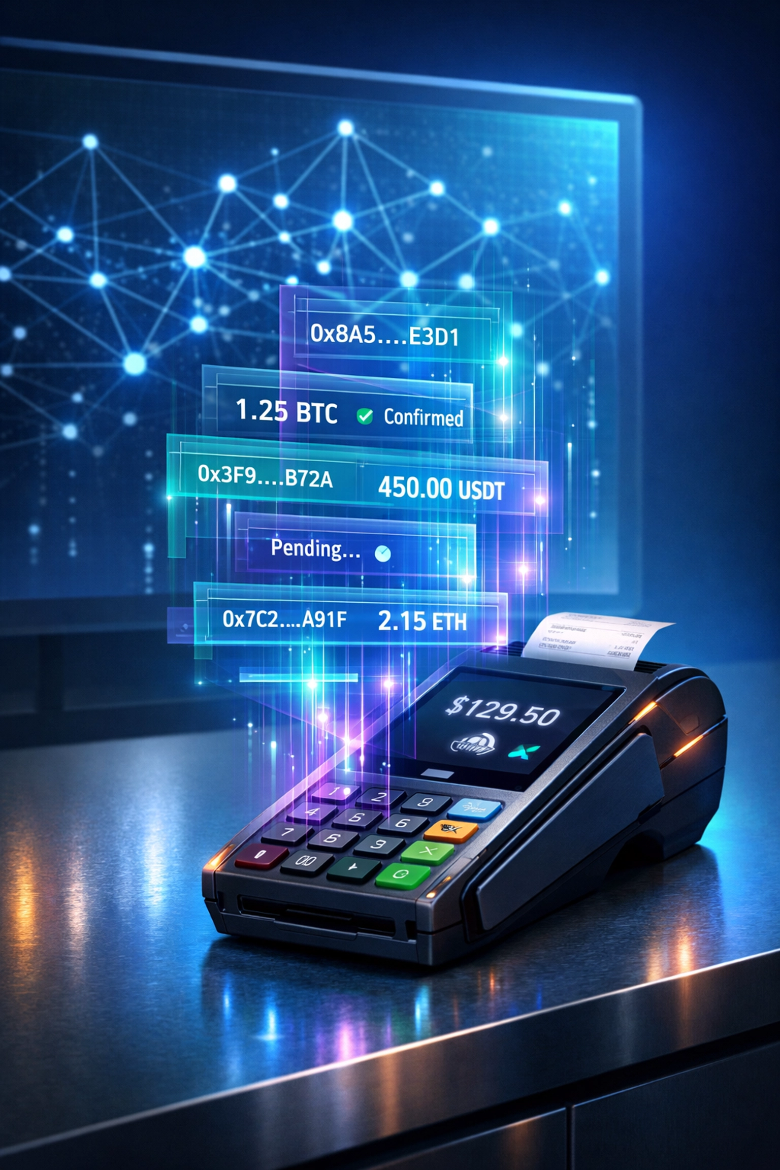 Merchant point-of-sale terminal displaying real-time blockchain transaction data and network transparency