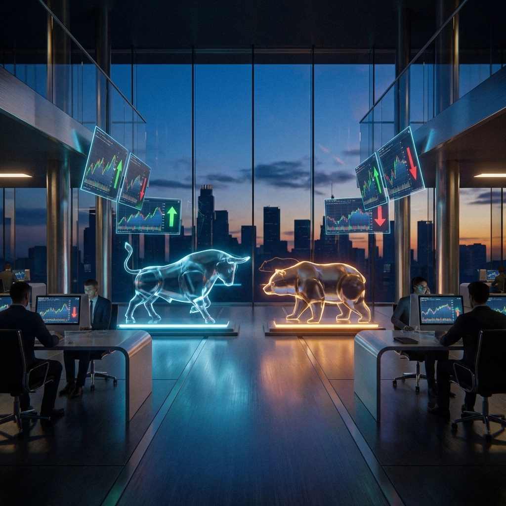Trading floor with digital stock charts and bull-bear standoff, highlighting hedge fund risk-adjusted return strategy.