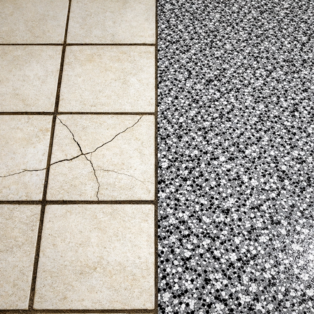 Comparison of old cracked floor tile with dirty grout versus a seamless polyaspartic flake floor coating in Brandon MS.