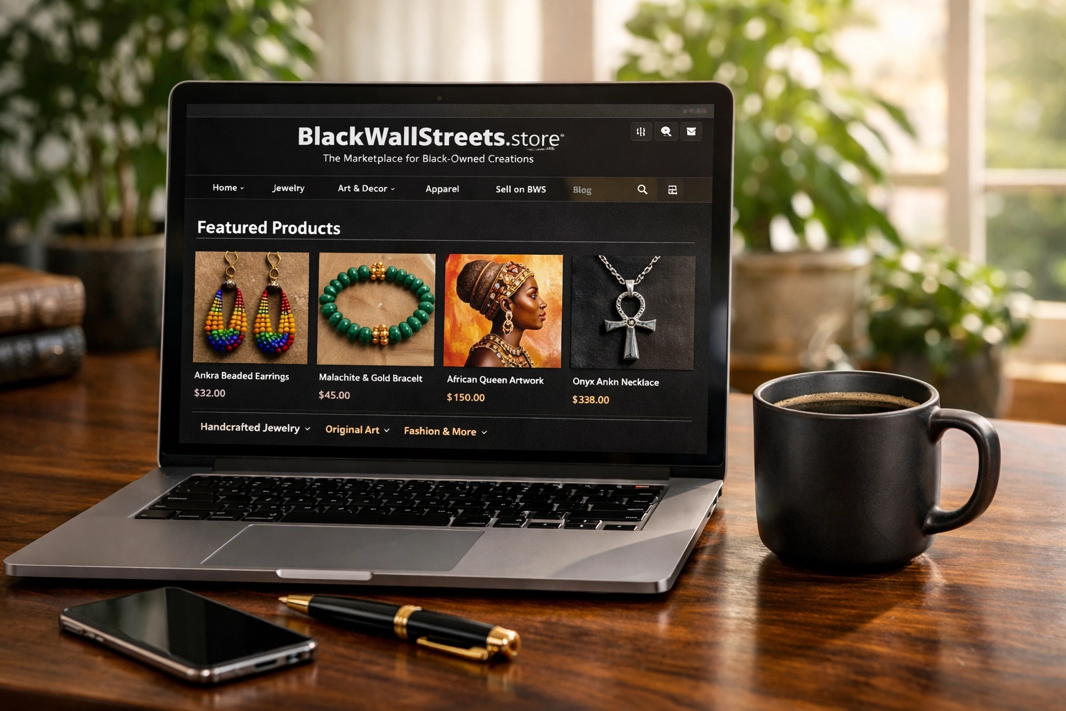 Shopping Black-owned businesses on the Black Wall Streets marketplace in a modern home office.