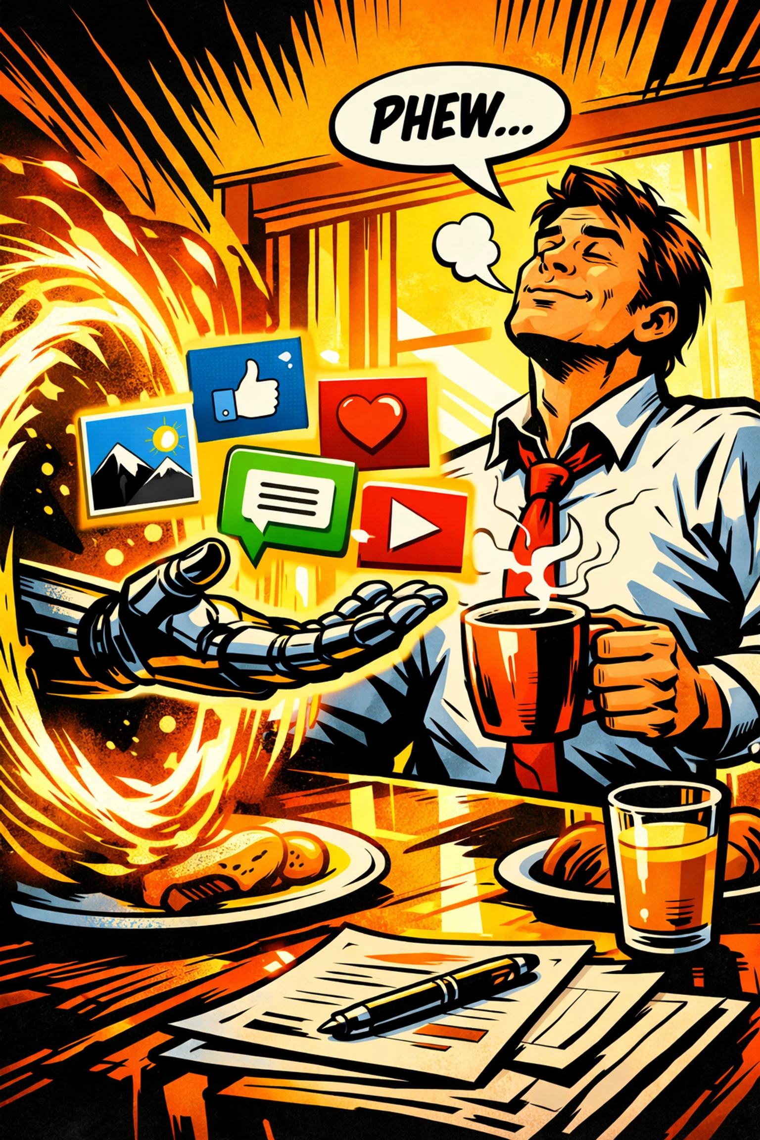 A relieved business owner gets social media posts from an AI content generator over morning coffee.