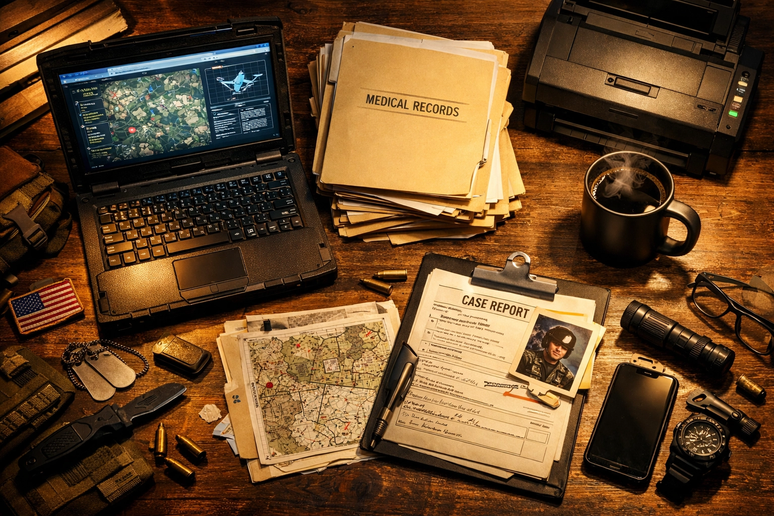 Organized medical records and laptop in a home office for a veteran's supplemental claim VA evidence gathering.