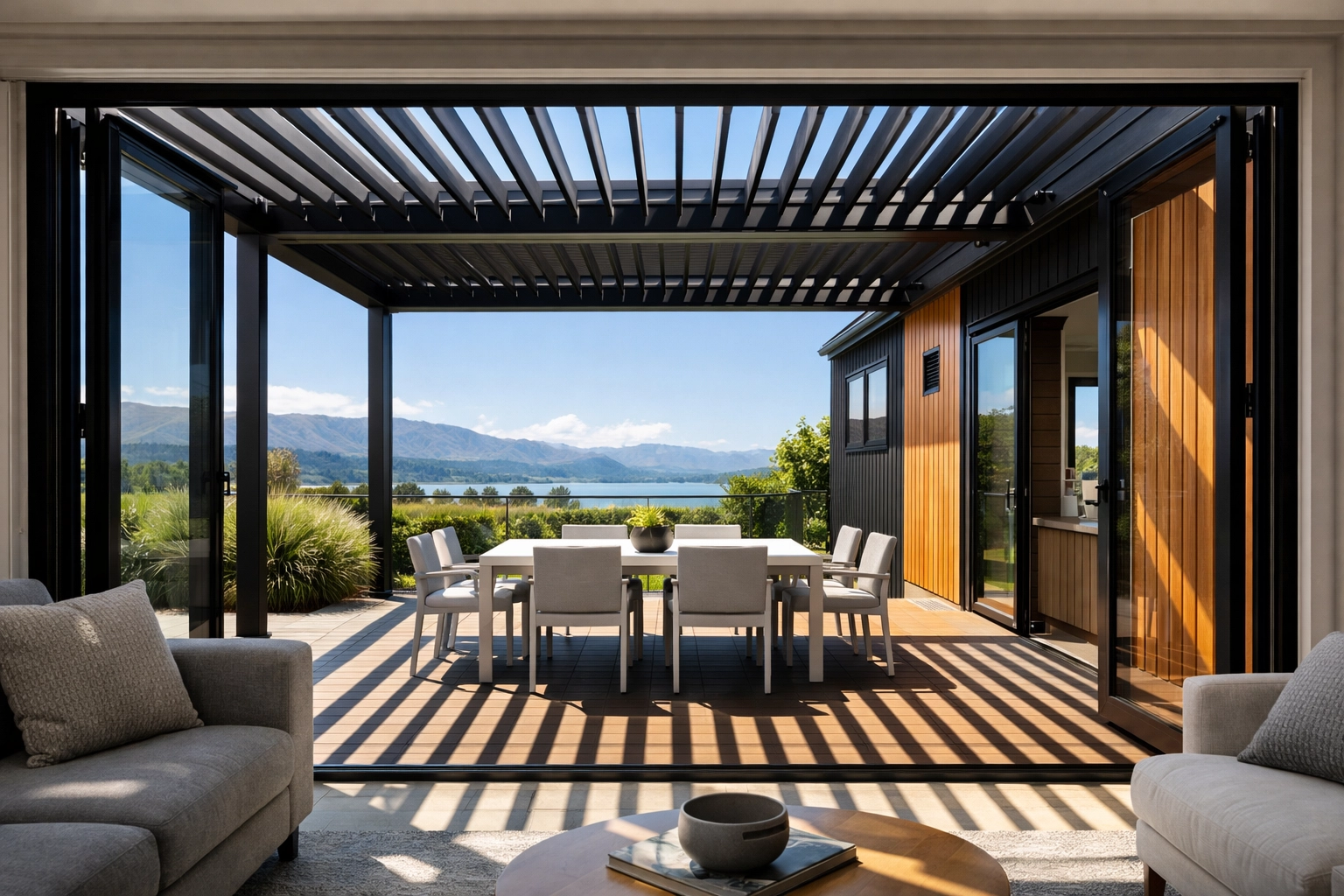 Modern black aluminium attached louvre pergola creating a seamless indoor-outdoor flow for a New Zealand home deck.