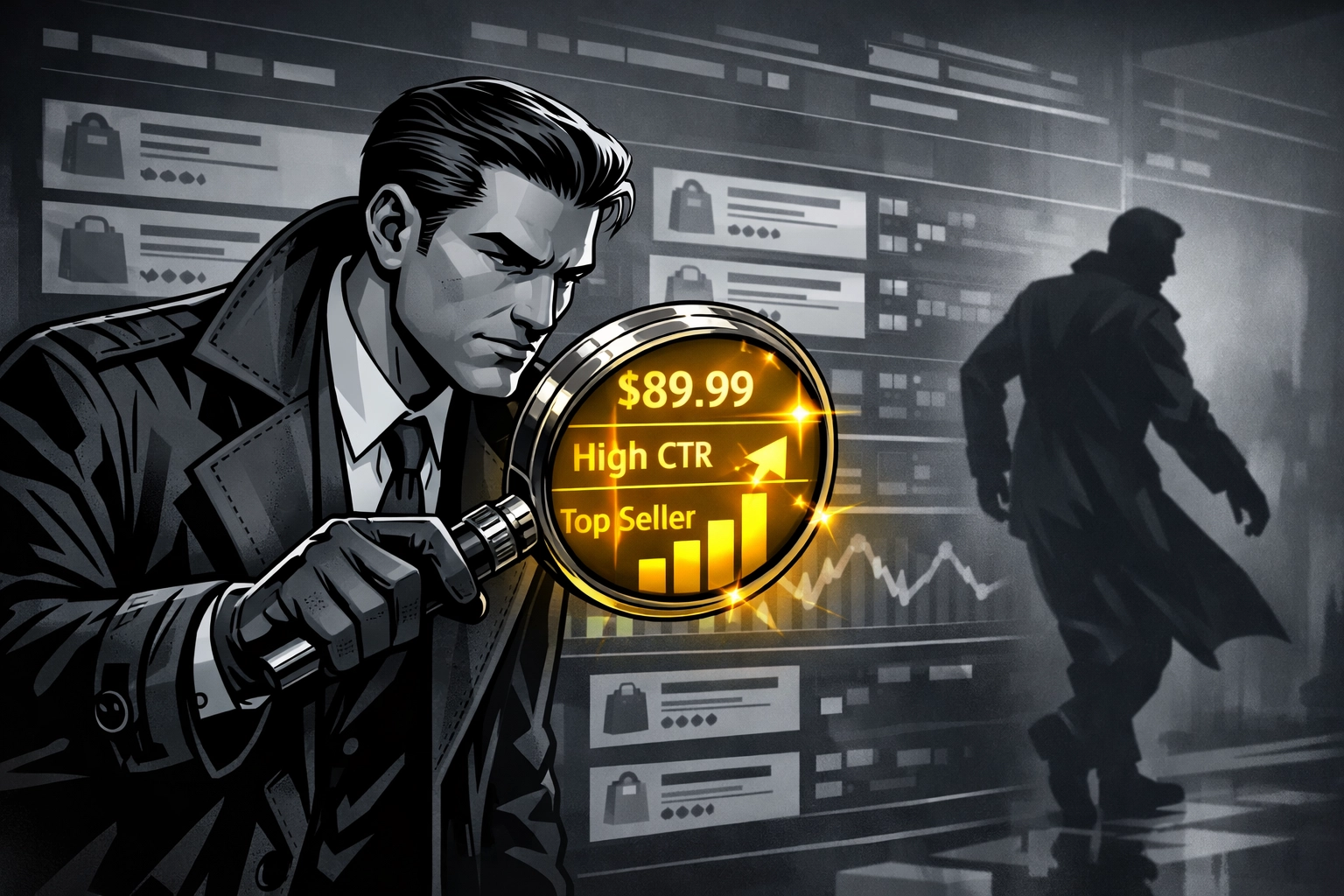 Detective illustration identifying high-converting keywords for Amazon listing optimization.