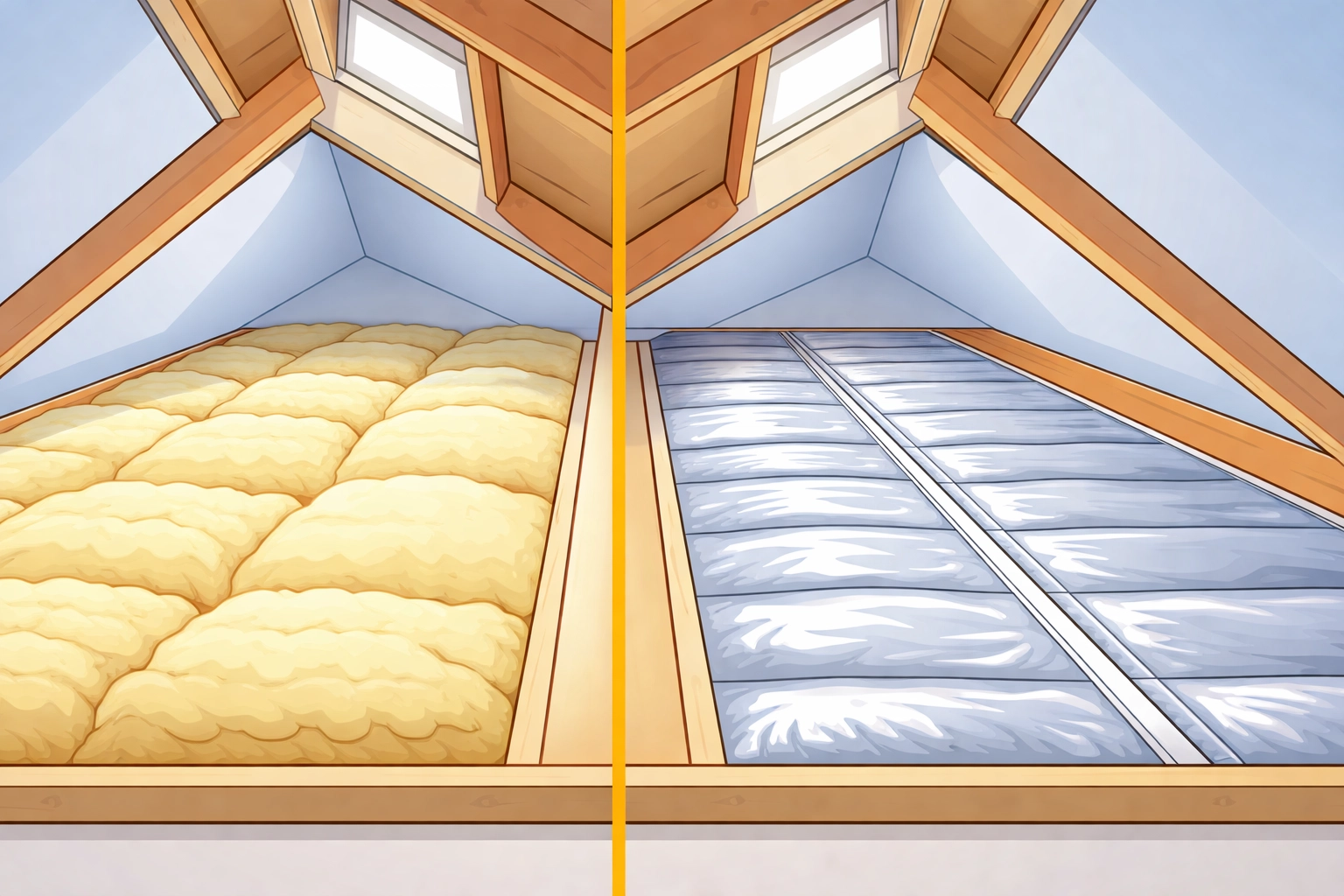 Side-by-side comparison of mineral wool and multifoil loft insulation, demonstrating space savings and thermal performance.