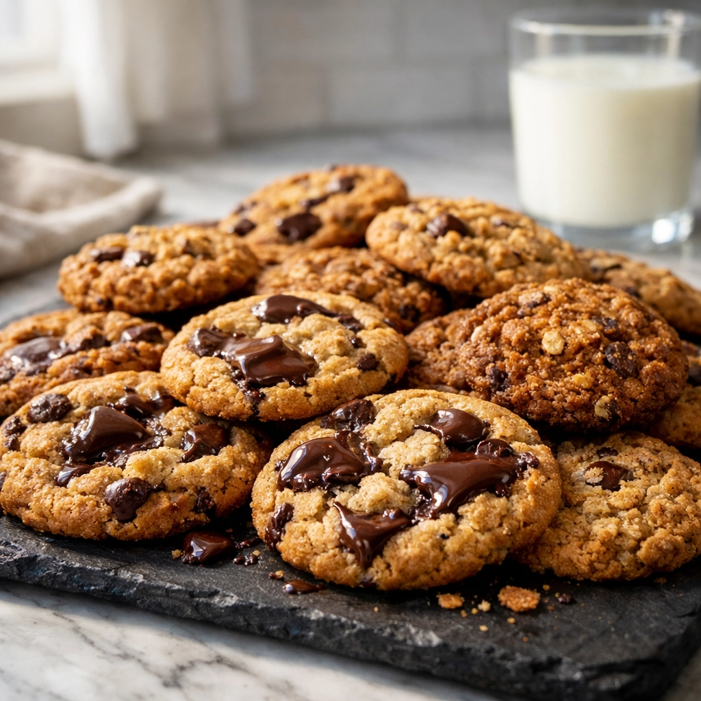 Nut-free dessert platter with chocolate chip and oatmeal cookies on a slate board for school-safe catering.