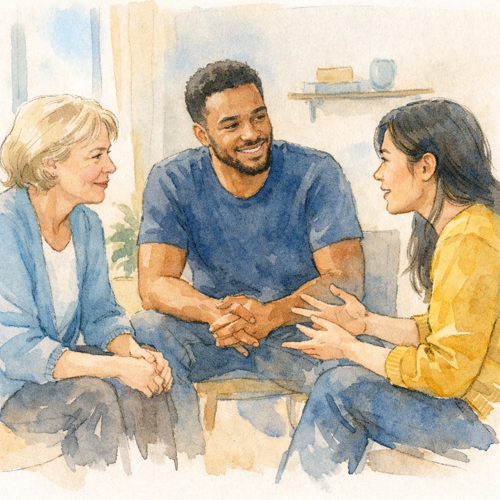 Small group circle conversation illustrating Christian community, accountability, and humble discipleship