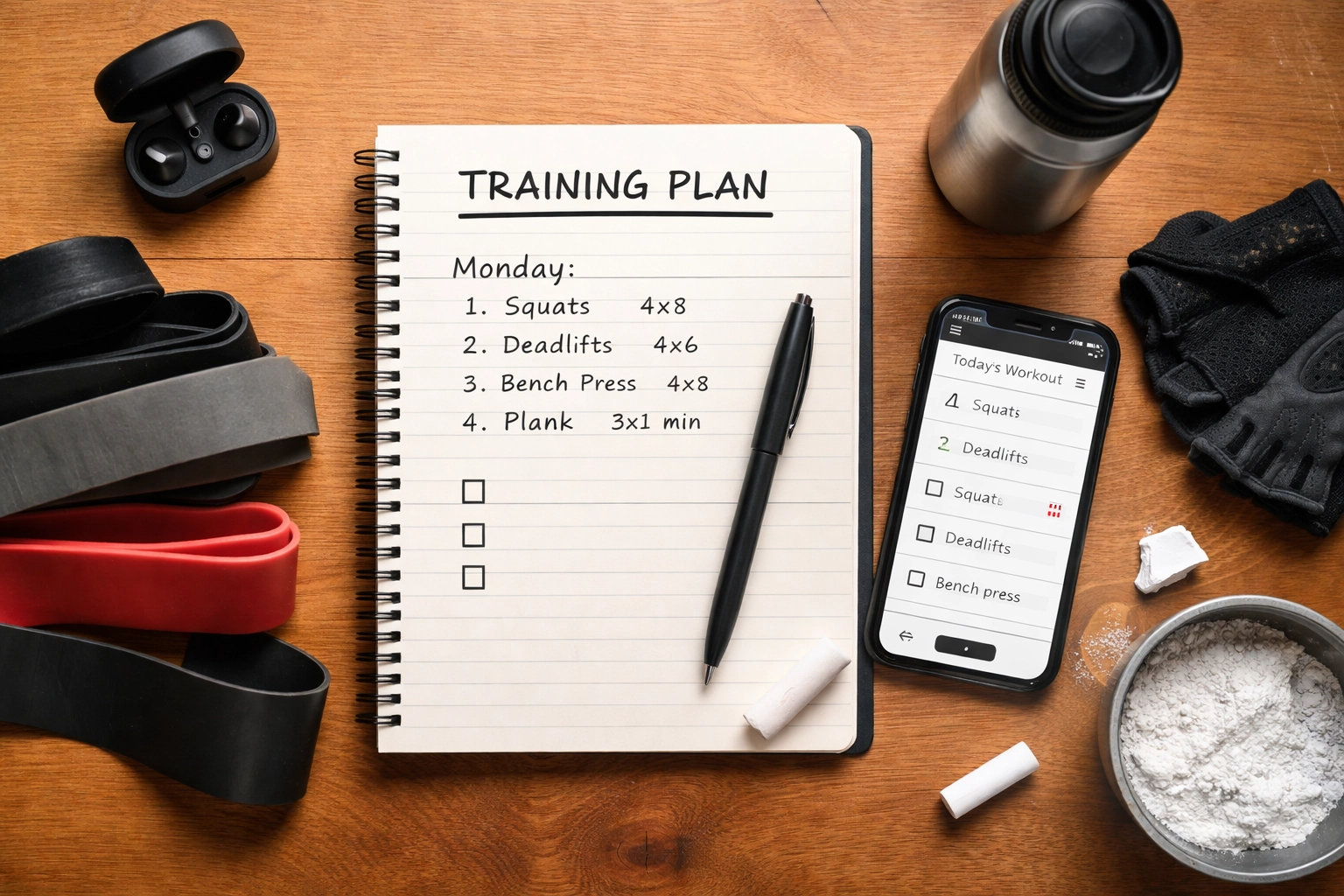 Organized flat-lay of workout planning essentials including notebook, fitness app, resistance bands, and water bottle