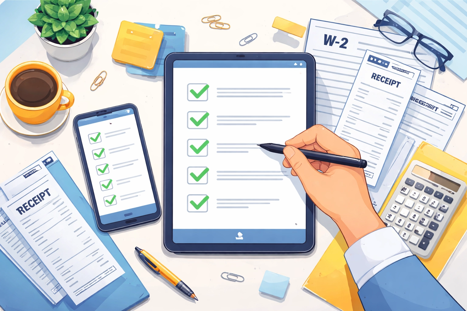 Tablet and smartphone displaying checklist app with organized W-2 forms and receipts for New Haven tax planning