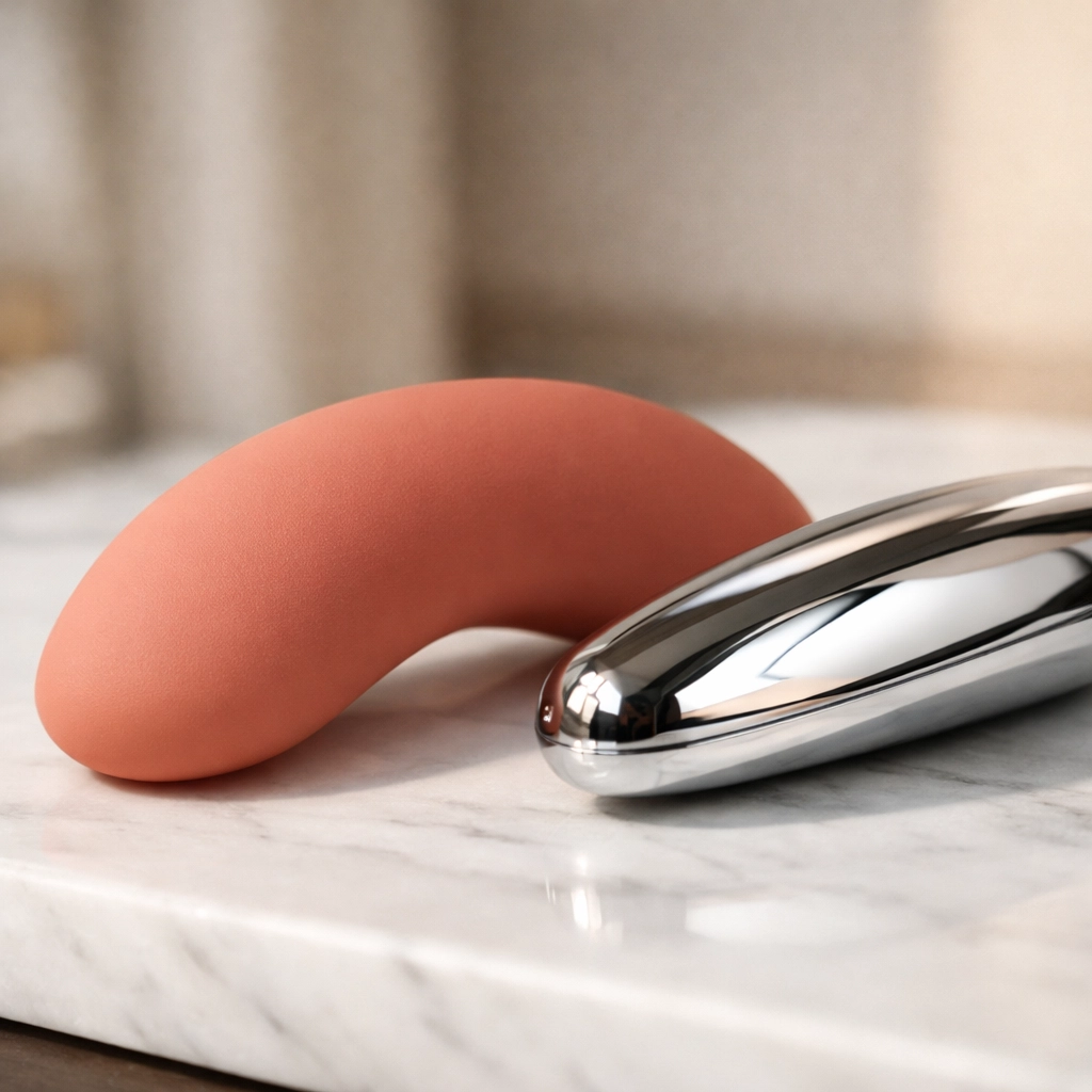 Close-up of terracotta medical-grade silicone and polished chrome, highlighting body-safe luxury intimacy products.