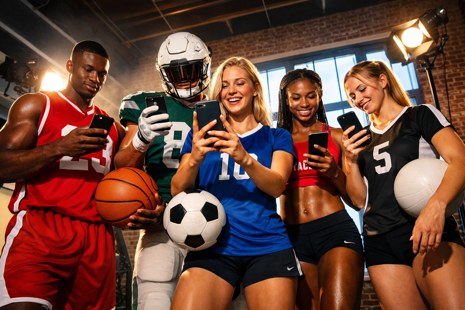 Diverse college athletes from multiple sports creating NIL content on smartphones together
