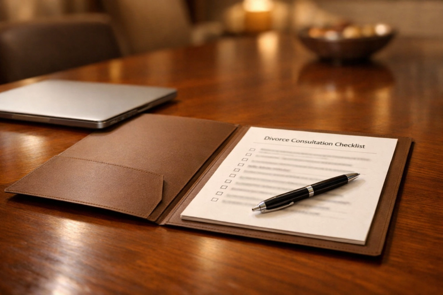 Divorce consultation checklist folder, pen, and laptop on a conference table | divorce attorney Fredericksburg VA consultation checklist and case prep