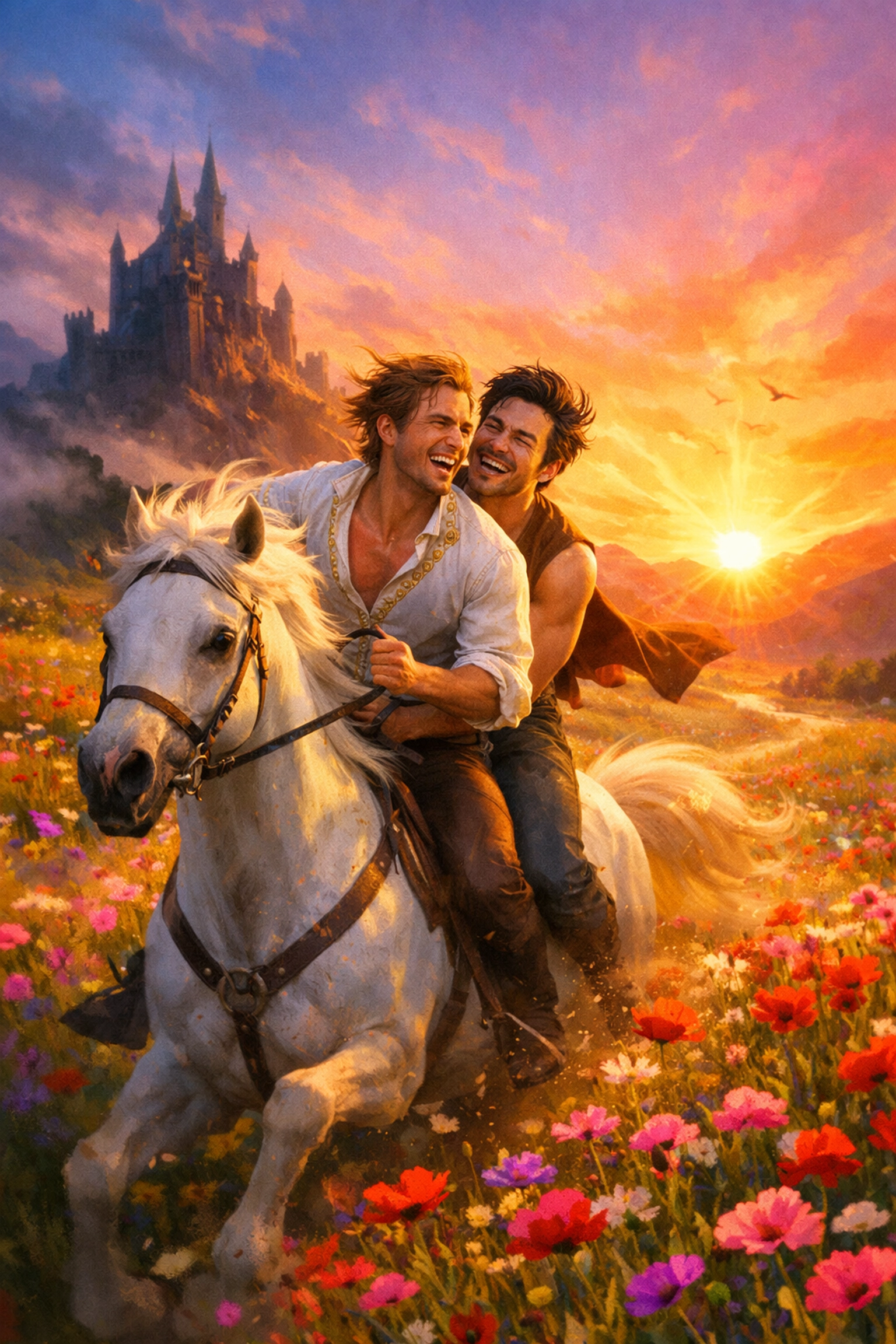 A prince and his lover riding a horse through wildflowers away from a dark castle.