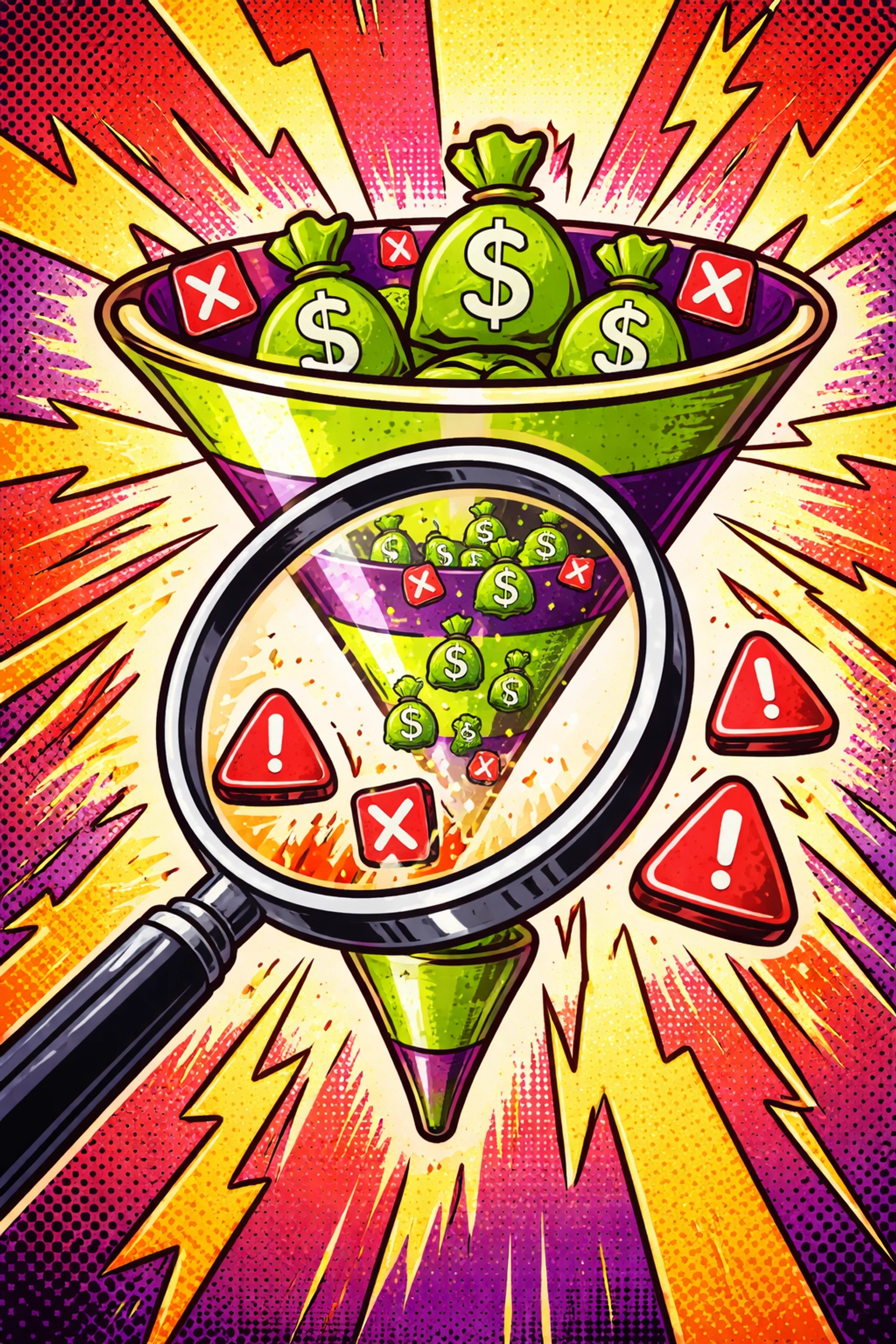 Magnifying glass examines a sales funnel with deals and alerts, highlighting pipeline health and risk detection in automation.