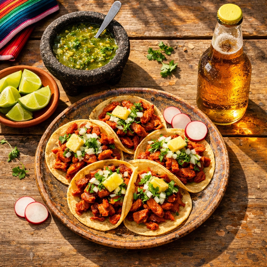 Authentic tacos al pastor and salsa at Puerto Vallarta restaurant table