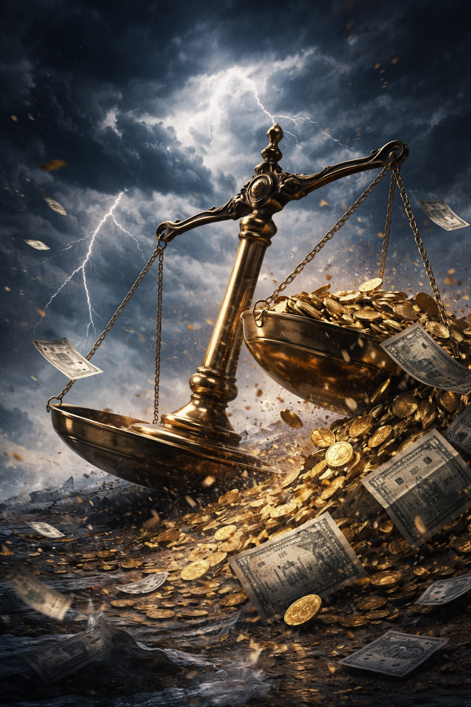 A tipping balance scale under stormy skies symbolizing market volatility and the decline of the 60/40 investment strategy.