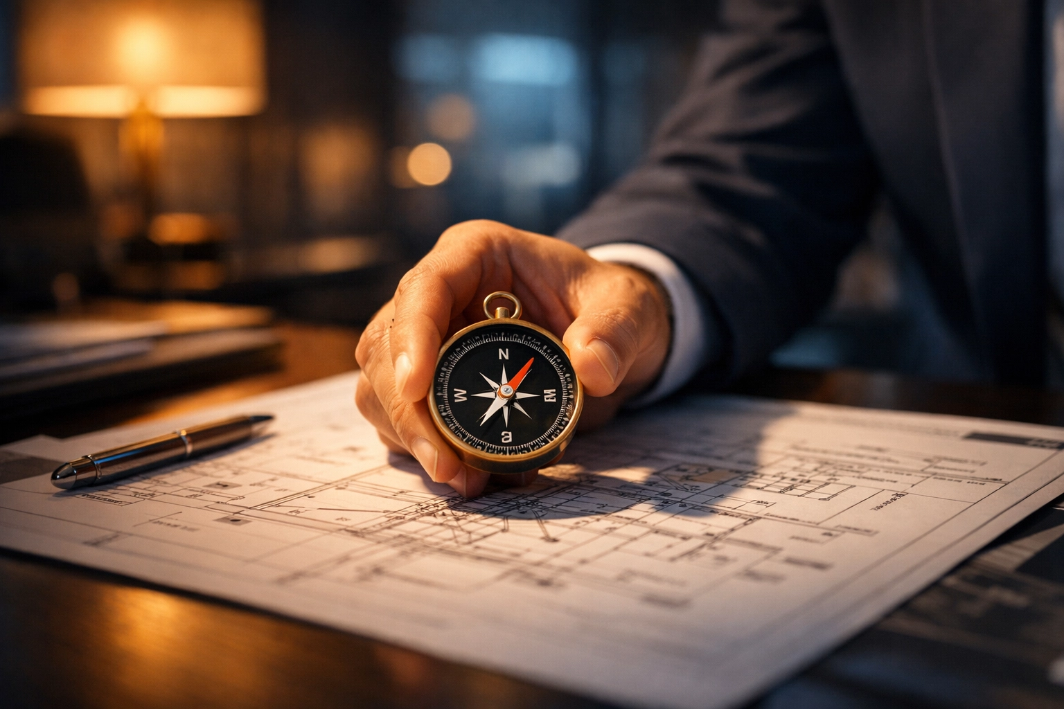 Executive using compass on strategic plans illustrating decision architecture reconstruction