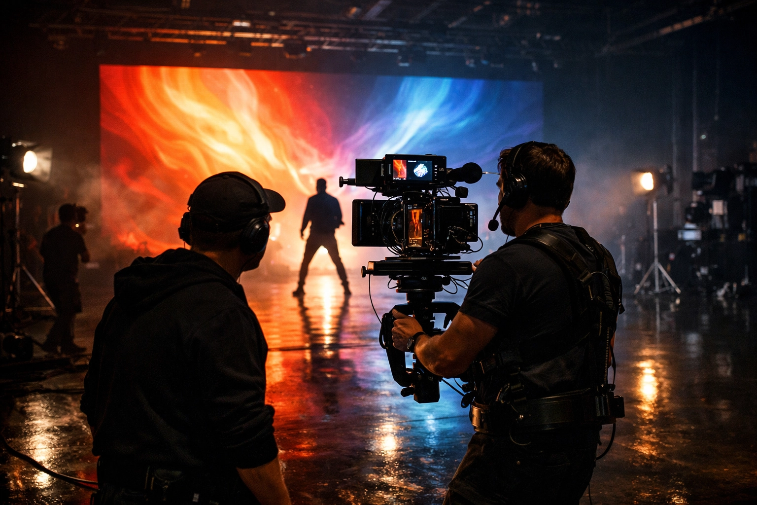 Cinematic music video production in a professional studio provided by a top-tier music marketing agency.