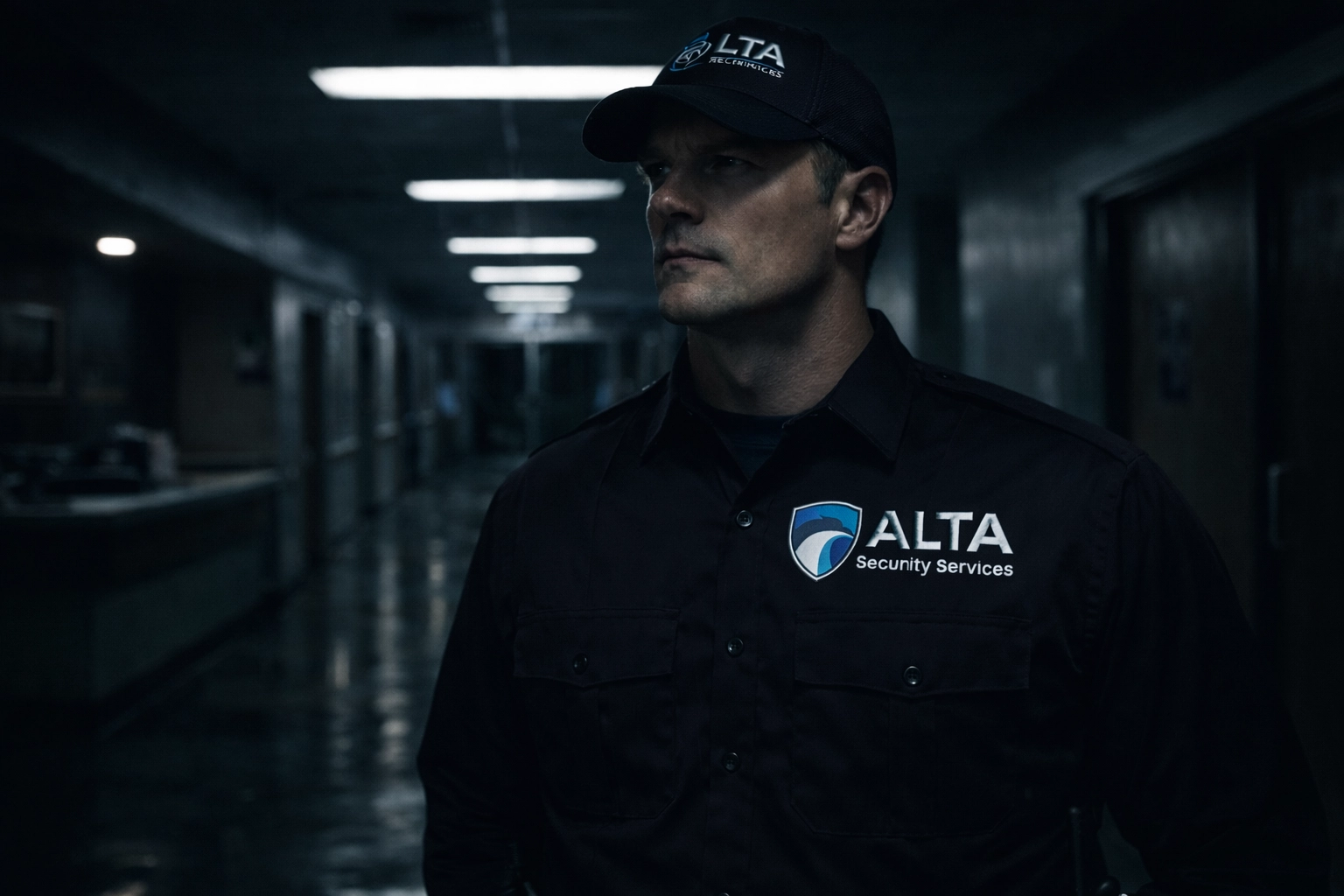 DCJS-certified security guard patrolling hospital corridor at night in Virginia medical center