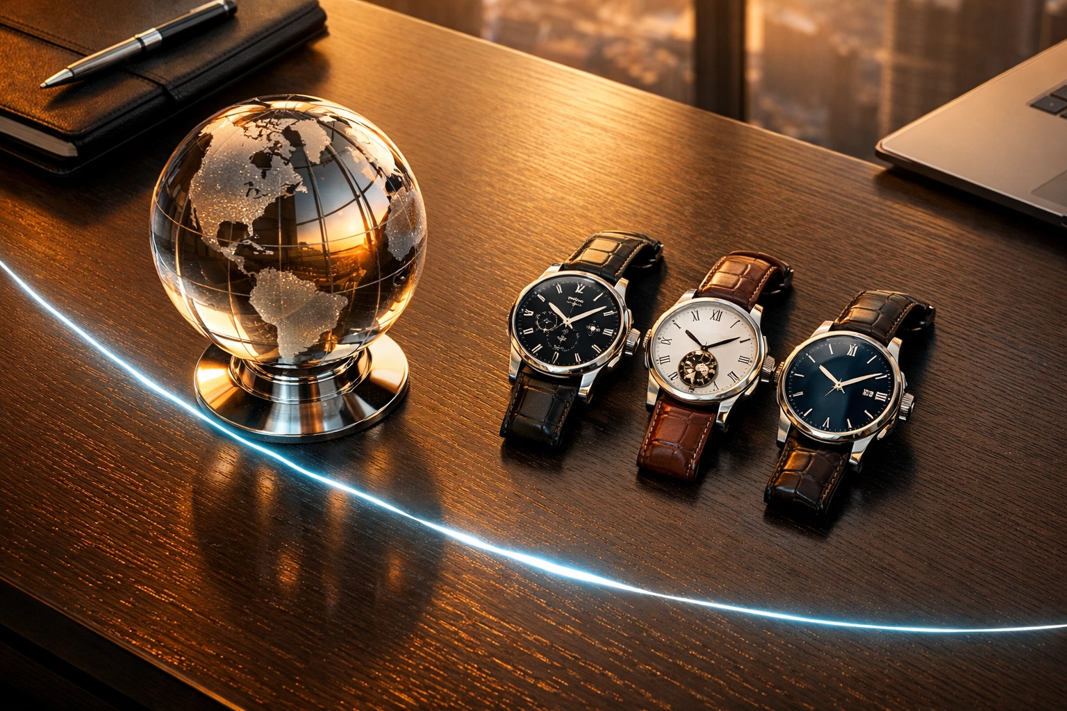 Executive desk with a glass globe and multiple watches representing global time zone coordination.