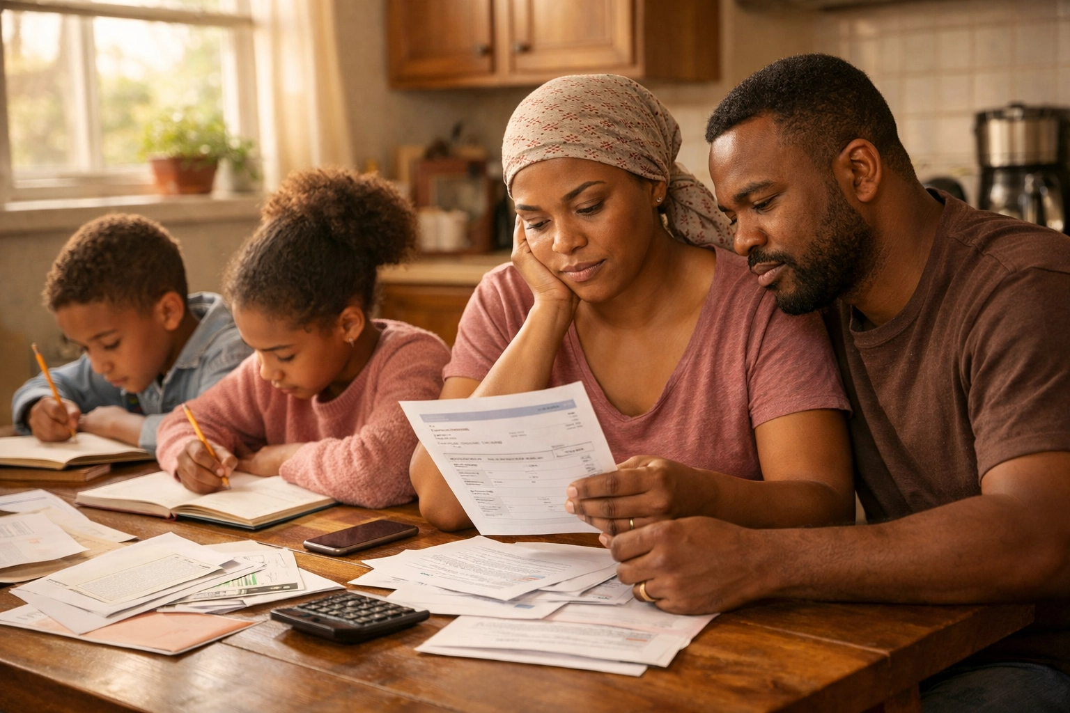 Family reviewing bills and paperwork at kitchen table during breast cancer treatment