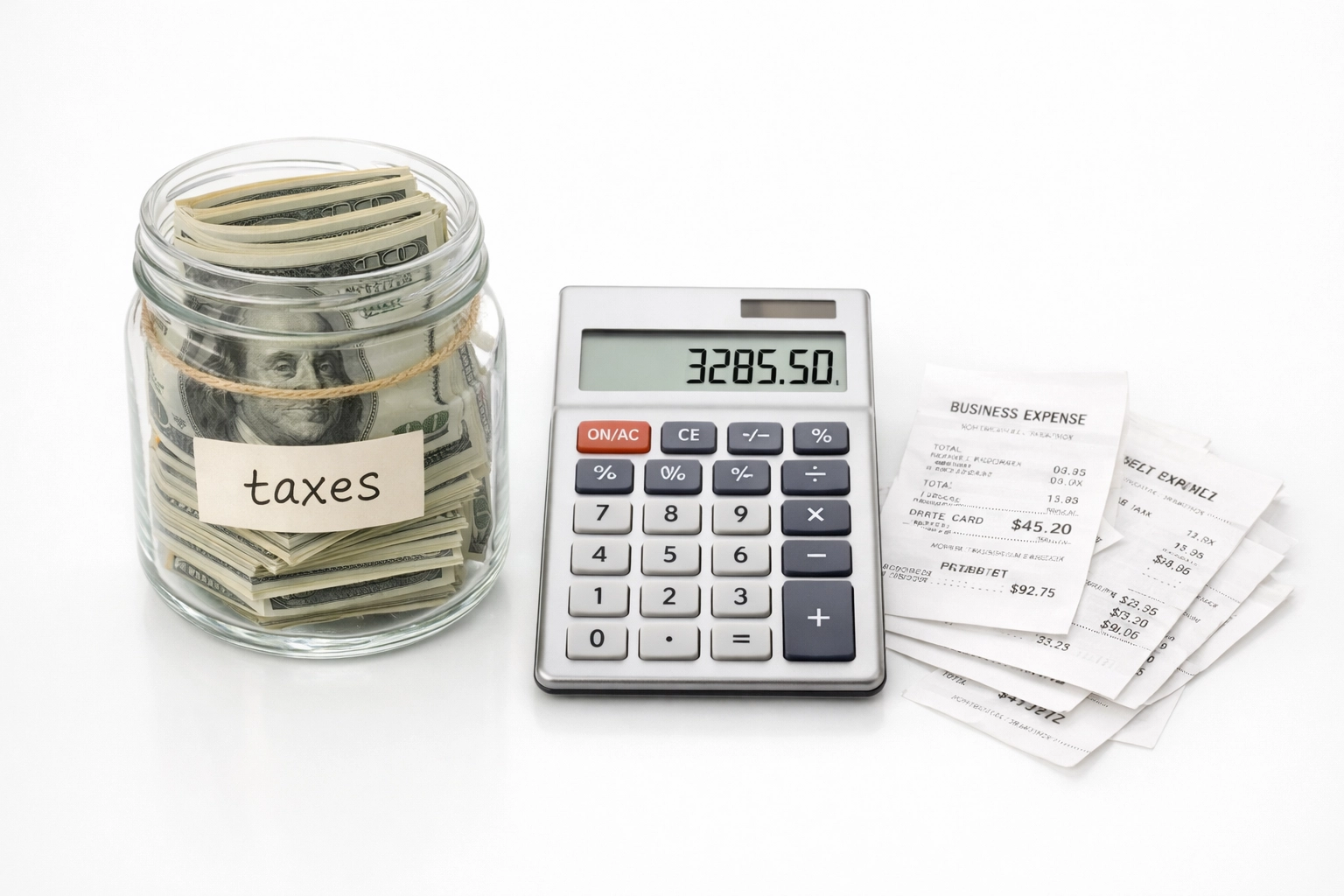 Tax savings jar with calculator and receipts showing freelance business expense deductions