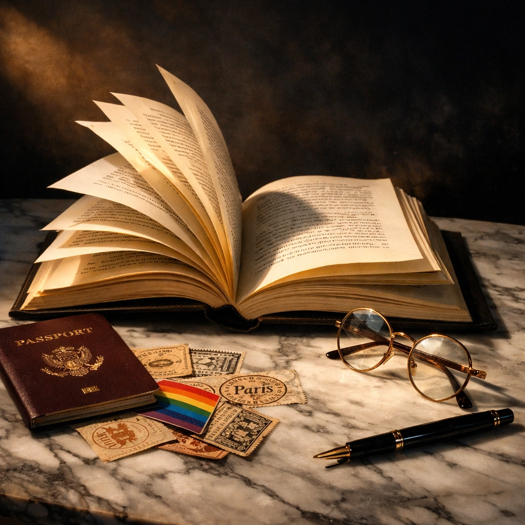 Open book with passport and travel stamps celebrating Pulitzer Prize-winning gay literature